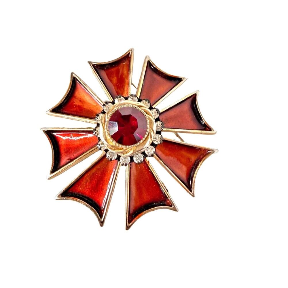 Vintage HAR Hargo Creations Enamel Maltese Cross Flower Brooch Red Rhinestone